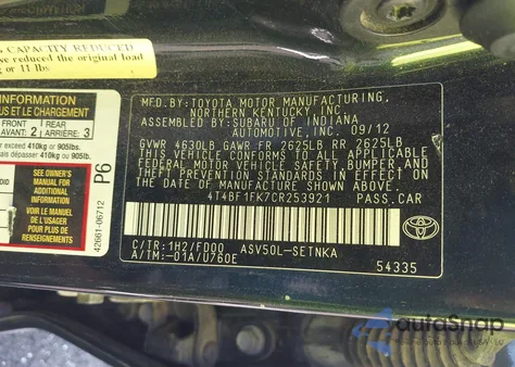 2012 Toyota Camry Le из США, поврежденный, VIN 4T4BF1FK7CR253921